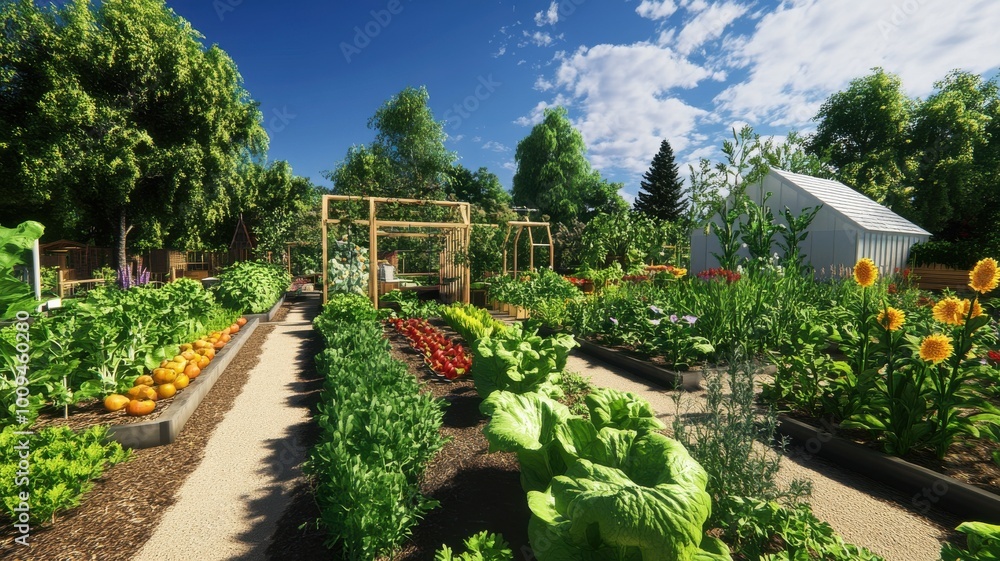 A garden with a white shed in the background A garden with a white shed in the background