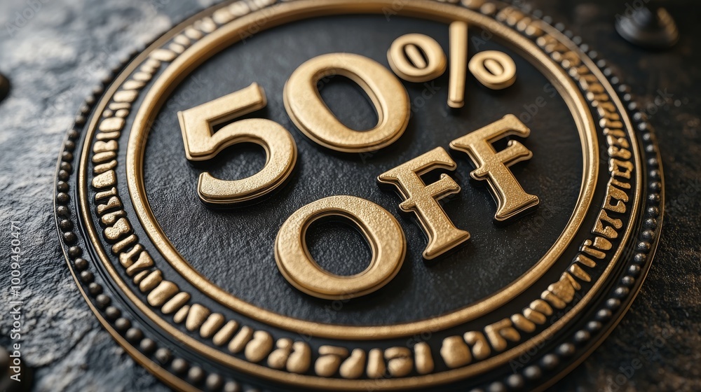 Fototapeta premium Golden discount badge showing 50 percent off on a textured surface in a promotional setting