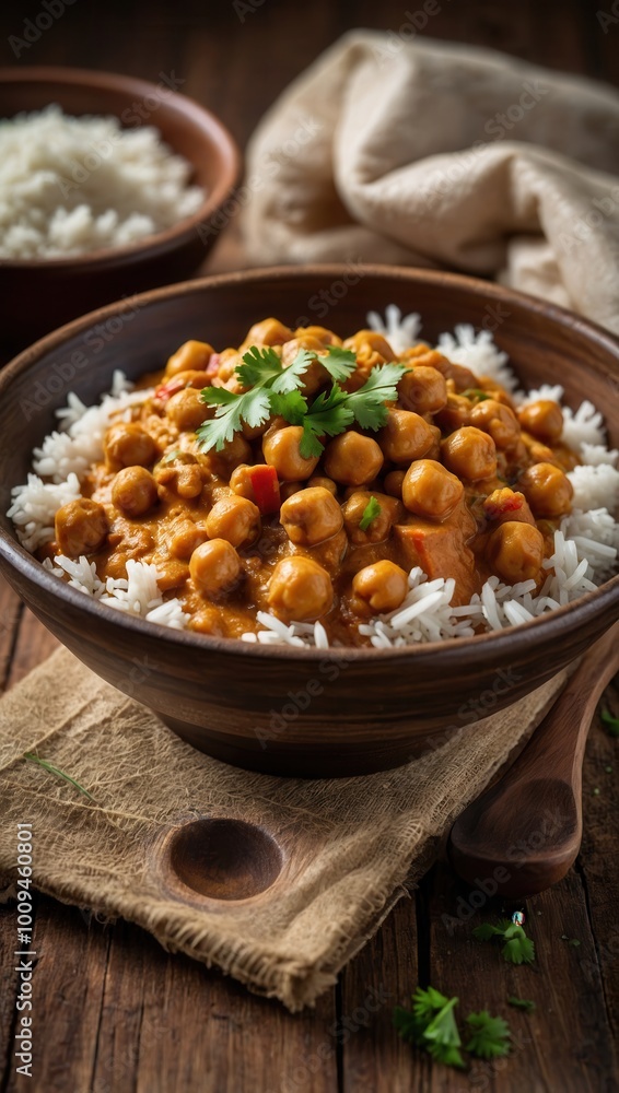 Rustic lentil curry and rice bowls served on wooden table Rustic lentil curry and rice bowls served on wooden table