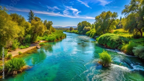 Serene Landscape of the River Jordan Flowing Through Lush Greenery Under a Clear Blue Sky