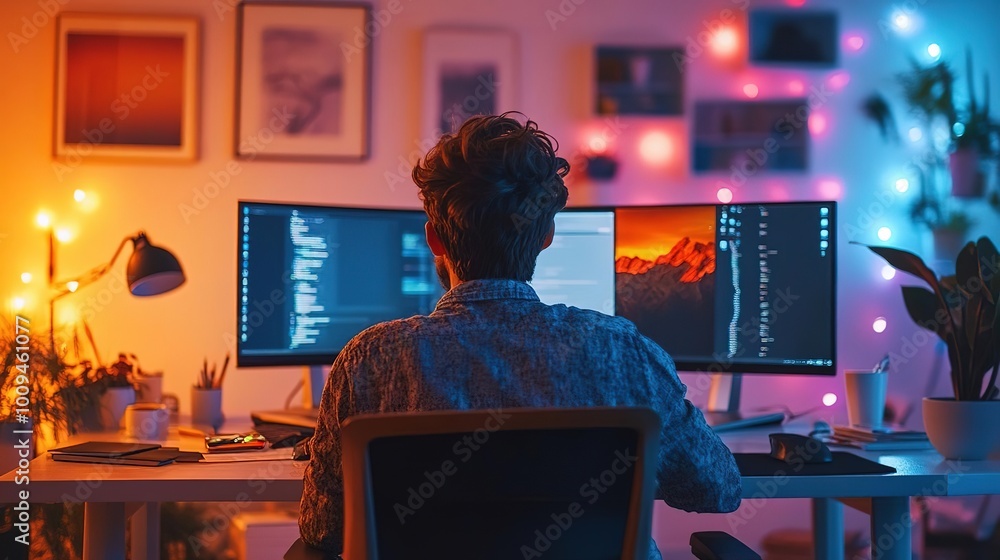 A creative workspace with dual monitors showcases a programmer immersed in code under vibrant ambient lighting. A creative workspace with dual monitors showcases a programmer immersed in code under vibrant ambient lighting.