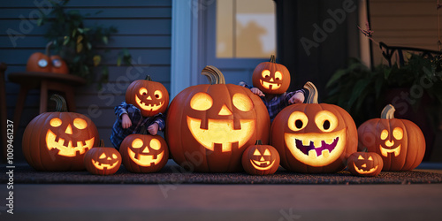 Carved Jack-o'-Lantern Smiles: A family showcasing their creative pumpkin carvings on the porch, each with unique expressions and colors.