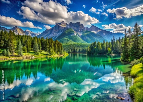 Serene Landscape with Majestic Mountains, Lush Green Forests, and a Tranquil Clear Blue Lake