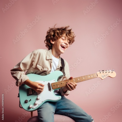 Boy play guitar musician portrait individuality.