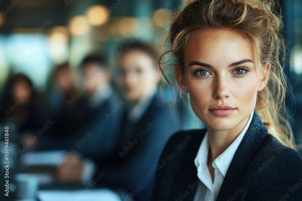 Woman in a Blazer with a Serious Expression at a Meeting Woman in a Blazer with a Serious Expression at a Meeting