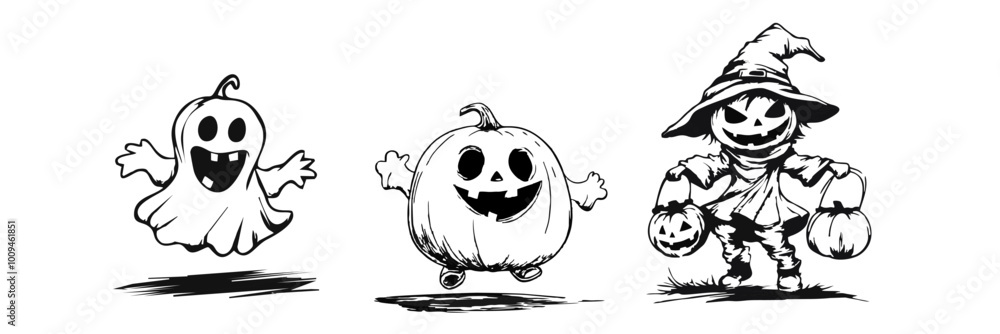 Fototapeta premium Halloween ghost and pumpkin characters vector illustration Cute Ghost and Pumpkin Characters Vector 