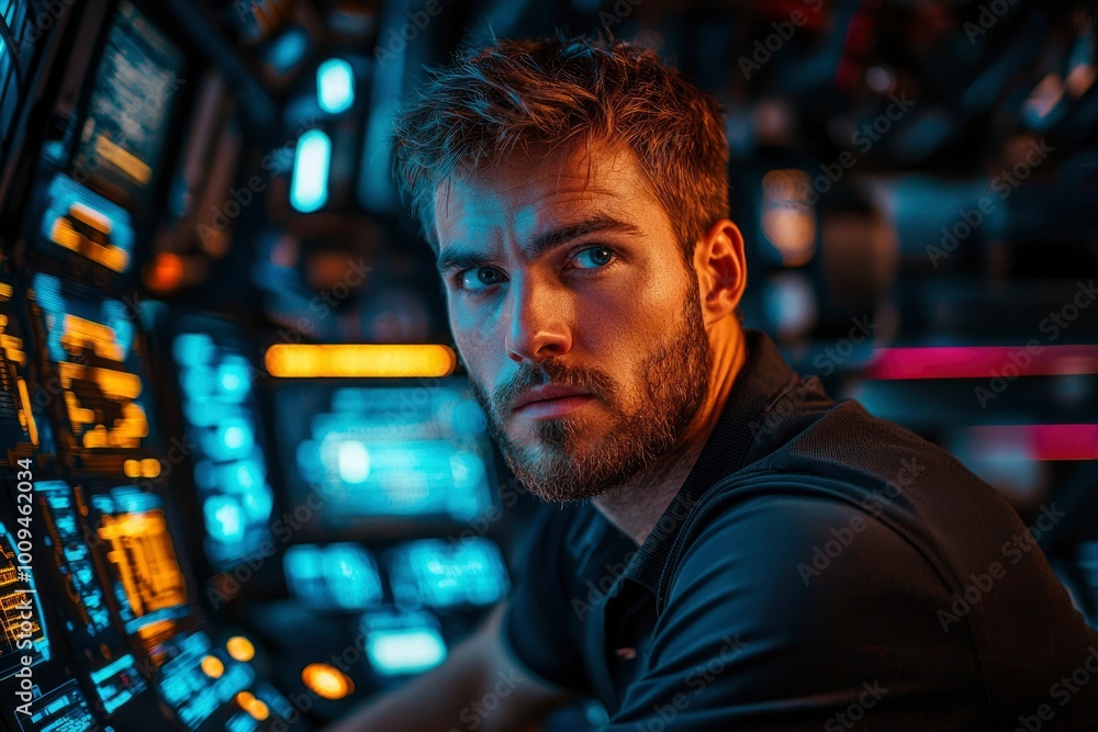 A Man Gazing at a Futuristic Control Panel A Man Gazing at a Futuristic Control Panel