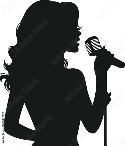  silhouette of women singer with microphone design vector art illustration isolated on transparent background.