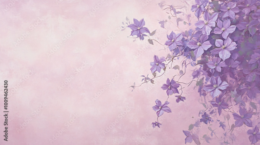 Purple flowers on a pink textured background, a floral painting. Purple flowers on a pink textured background, a floral painting.