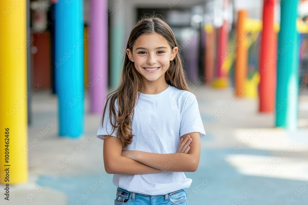 A Young Girl Smiles In Front of Colorful Pillars A Young Girl Smiles In Front of Colorful Pillars