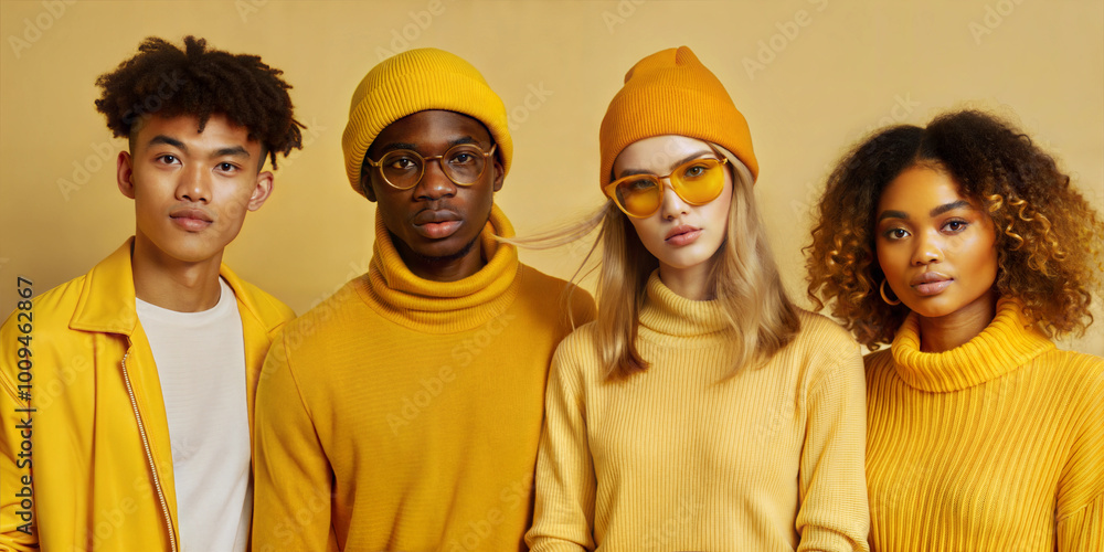 Fototapeta premium Group of multiethnic young people wearing yellow urban streetwear. Stylish multiracial people on yellow background