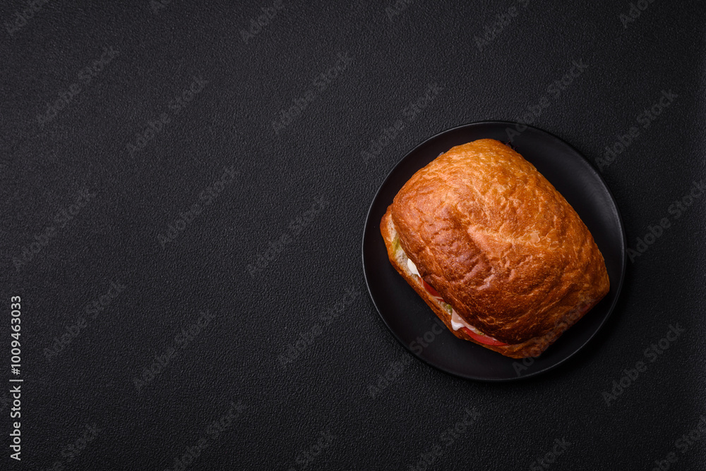 Ciabata with jamon or prosciutto, tomatoes, cheese and lettuce Ciabata with jamon or prosciutto, tomatoes, cheese and lettuce