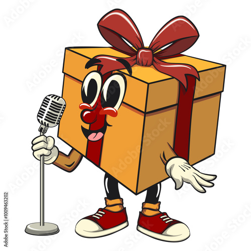 cartoon gift box gold with a red ribbon isolated vector illustration in front of the mic become a stand up comedian, the concept of birthday, Christmas, new year, work of hand drawn