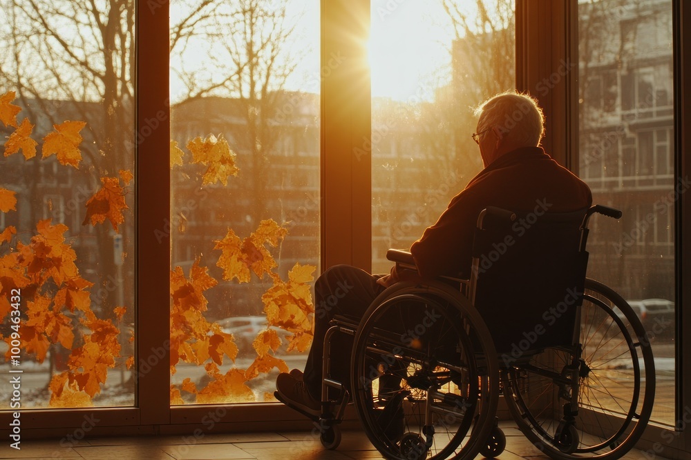 Thoughtful Elderly Man in Wheelchair by Window Thoughtful Elderly Man in Wheelchair by Window