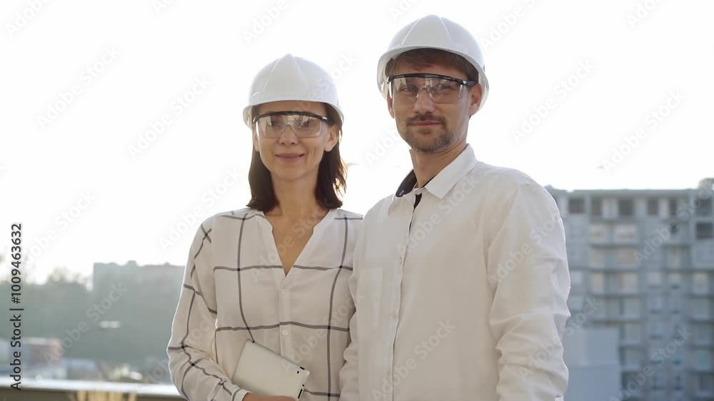 Two architects colleagues, wearing safety helmets and glasses, are standing near each other and looking at the camera at a construction site during sunrise or sunset Two architects colleagues, wearing safety helmets and glasses, are standing near each other and looking at the camera at a construction site during sunrise or sunset