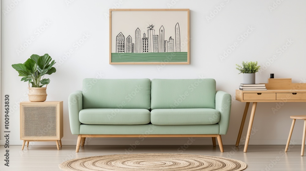 Modern living room with mint sofa and urban art – contemporary interior design