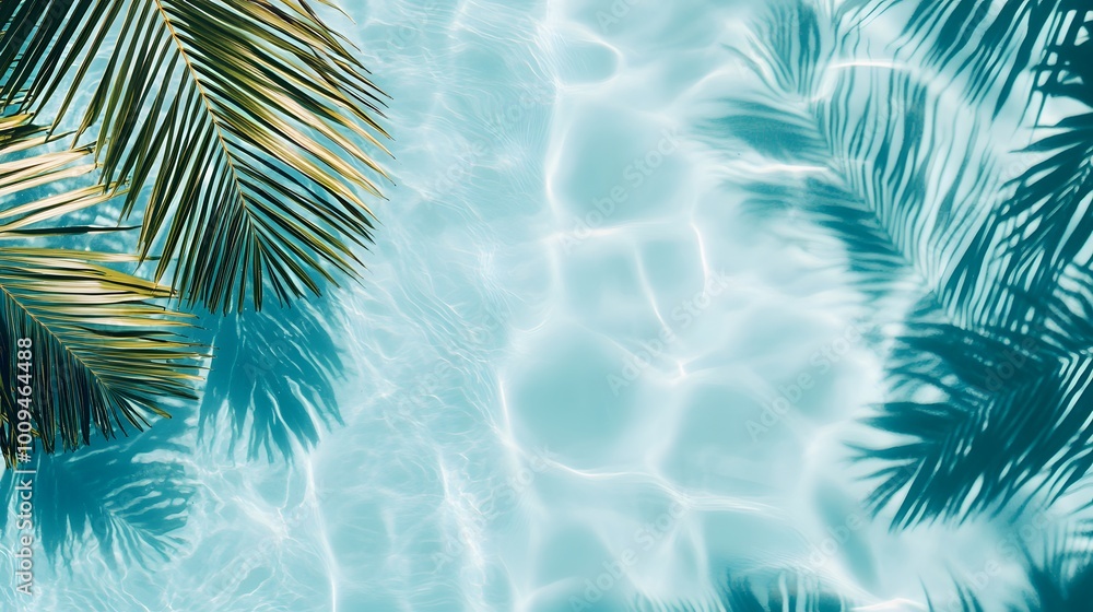 Light blue water background with palm leaves and ripples, swimming pool water, light aquamarine, tropical beach Light blue water background with palm leaves and ripples, swimming pool water, light aquamarine, tropical beach