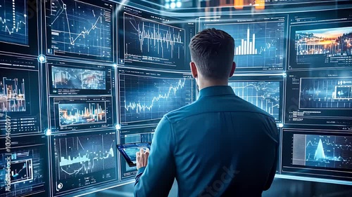 Man Analyzing Financial Data on Multiple Monitors in Control Center photo