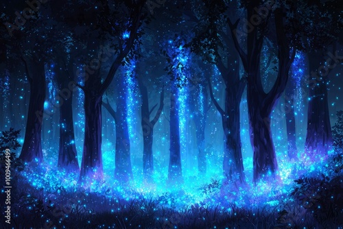 Enchanting Night Forest with Blue Glowing Lights photo