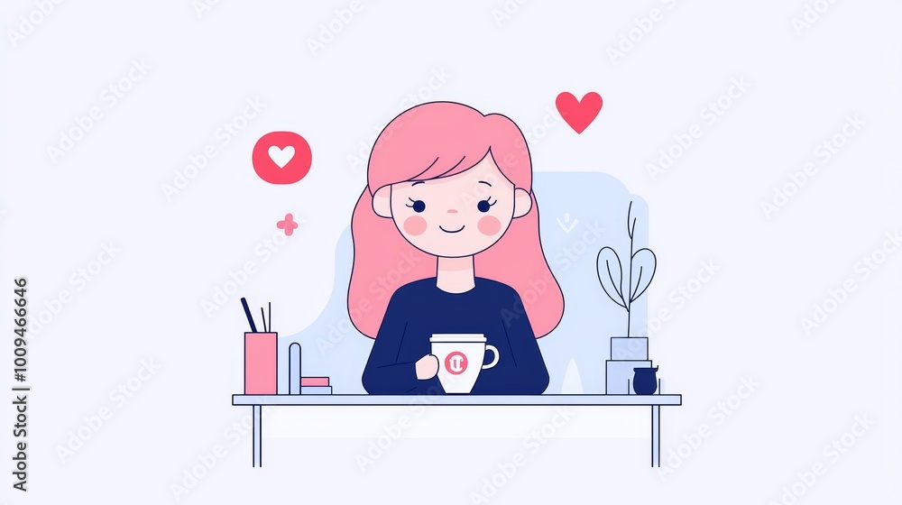 A relaxed young woman with pink hair holding a cup of coffee while chatting with her team on a video call, in a minimalist home office. A relaxed young woman with pink hair holding a cup of coffee while chatting with her team on a video call, in a minimalist home office.