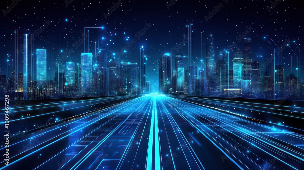 Digital data flow on road represents the speed of light and digital technology concept in an abstract futuristic illustration with blue glowing lines and dots Digital data flow on road represents the speed of light and digital technology concept in an abstract futuristic illustration with blue glowing lines and dots