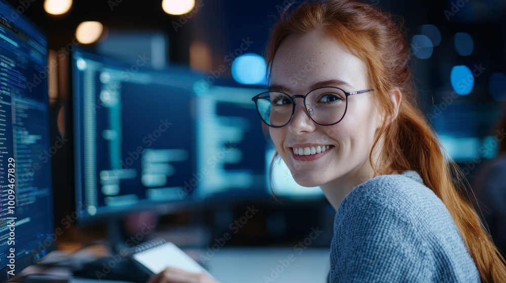 A smiling young woman with pink hair using a tablet during a virtual meeting, with her laptop open in the background. A smiling young woman with pink hair using a tablet during a virtual meeting, with her laptop open in the background.