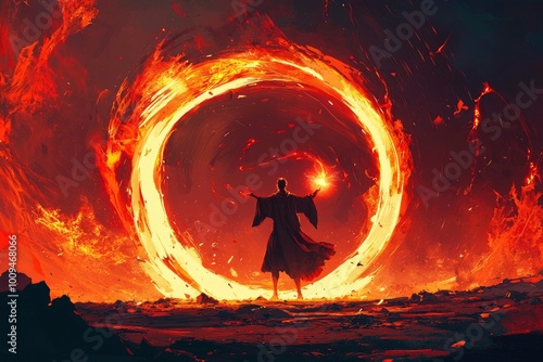 Wallpaper Mural A hooded figure casts a spell, creating a swirling ring of fire. Torontodigital.ca