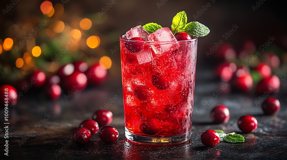 Refreshing cranberry juice with ice and mint in a glass.