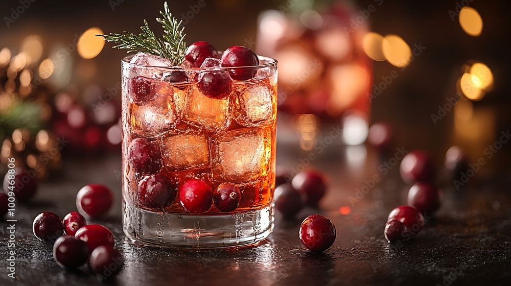 Refreshing cranberry cocktail with ice and rosemary garnish. Refreshing cranberry cocktail with ice and rosemary garnish.