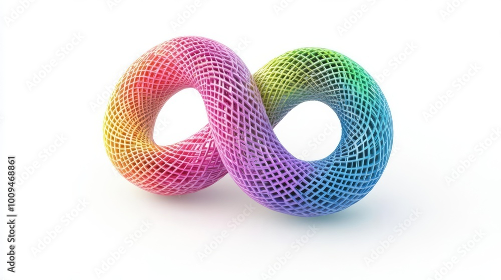 Colorful infinite loop shape, 3D abstract geometric figure with a rainbow gradient. Modern design, isolated on a white background. Colorful infinite loop shape, 3D abstract geometric figure with a rainbow gradient. Modern design, isolated on a white background.