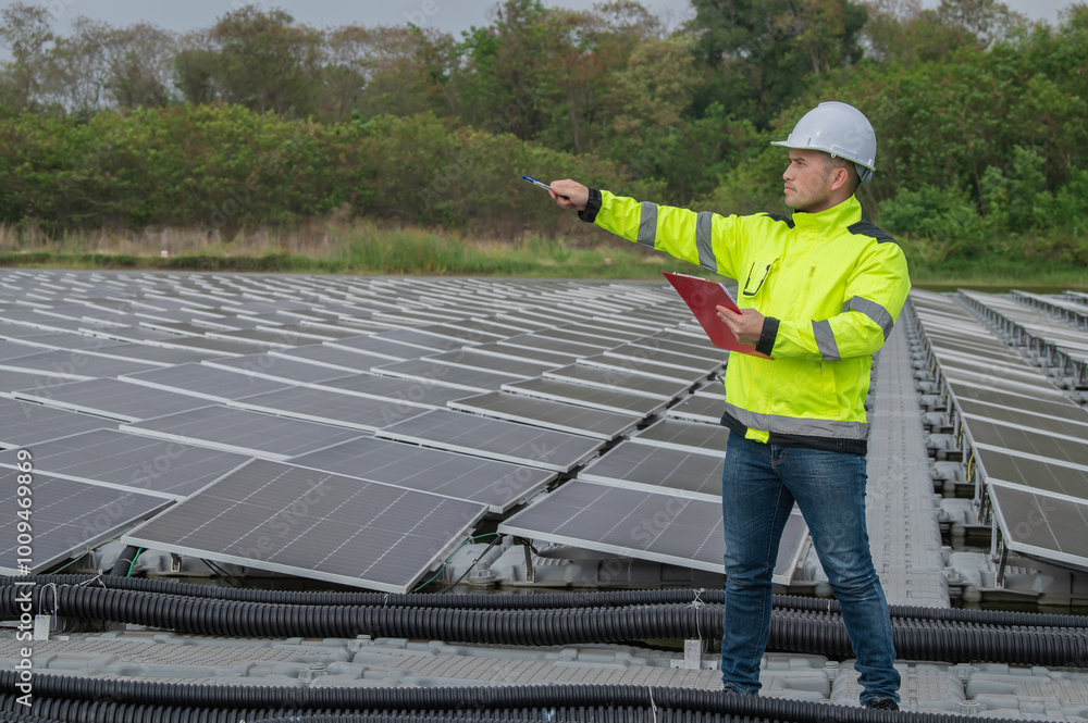 Engineer working at floating solar farm,checking and maintenance with solar batteries near solar panels,supervisor Check the system at the solar power station Engineer working at floating solar farm,checking and maintenance with solar batteries near solar panels,supervisor Check the system at the solar power station