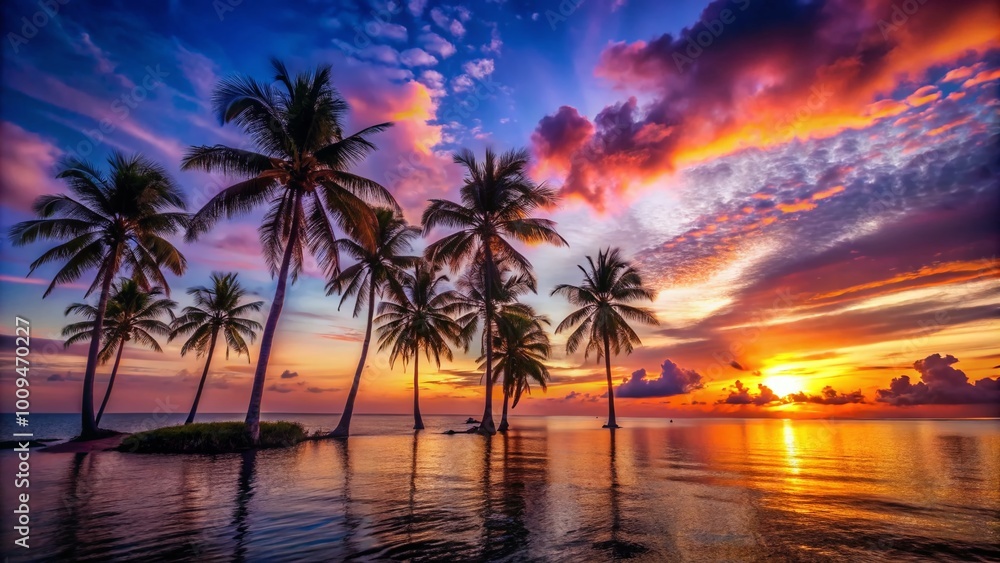 Serene Sunset Over Tranquil Ocean Waves with Silhouetted Palm Trees and Vibrant Sky Colors Serene Sunset Over Tranquil Ocean Waves with Silhouetted Palm Trees and Vibrant Sky Colors