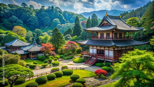 Serene Temple Landscape of Tenrikyo with Traditional Architecture and Lush Green Surroundings photo