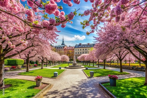 Serene View of Kungstradgarden Park in Stockholm with Lush Greenery and Beautiful Cherry Blossoms photo