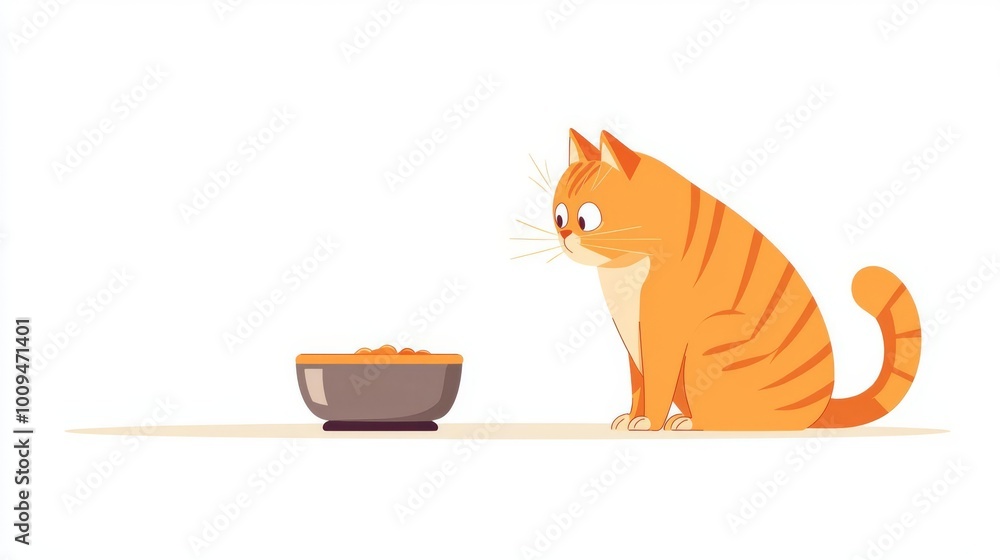 Illustration of an orange cat staring at a bowl of food on a white background. Ideal for pet-related content and graphics. Illustration of an orange cat staring at a bowl of food on a white background. Ideal for pet-related content and graphics.