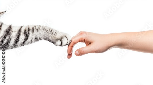 Close-up of a human hand and a cat paw gently touching each other, depicting a bond between pets and their owners on a white background.