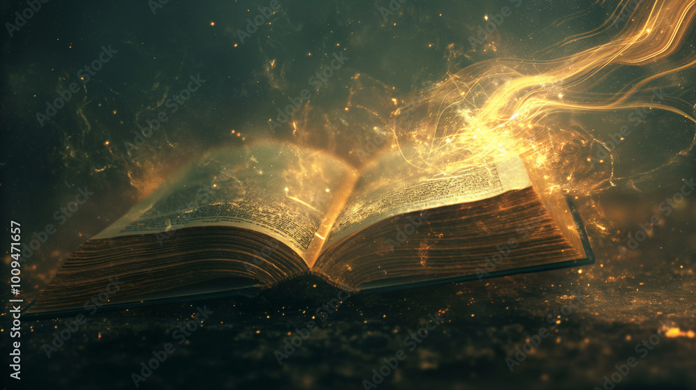 An ancient magical book floating mid-air, glowing with golden light, as ethereal wisps of energy rise from the pages, forming galaxies and constellations in the sky. An ancient magical book floating mid-air, glowing with golden light, as ethereal wisps of energy rise from the pages, forming galaxies and constellations in the sky.