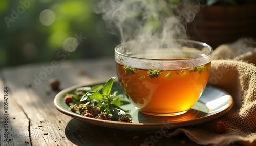 Mongolian Herbal Tea Infused with Fresh Herbs and Steam Rising (Mongolian Cuisine)