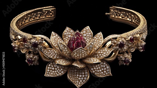 A luxurious lotus-inspired choker, crafted from gold and adorned with small rubies and diamonds, the central piece designed as an intricate lotus flower, symbolizing beauty and prosperity photo