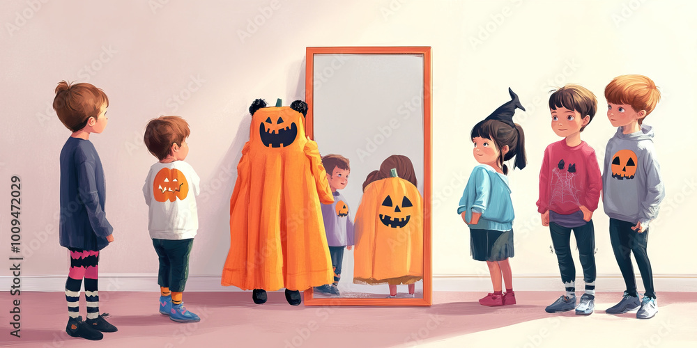 Fototapeta premium Children trying on Halloween costumes in front of a full-length mirror.