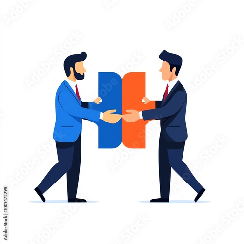 Two business professionals shake hands, symbolizing collaboration and partnership, with a colorful graphic element in the center.