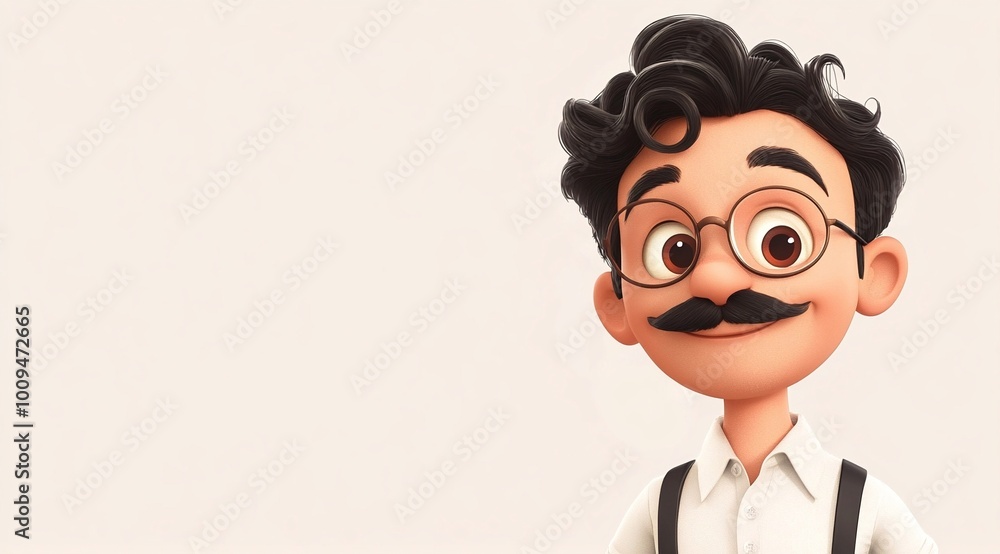 A friendly man with glasses and a mustache, dressed in suspenders and a white shirt on a plain background. This versatile character graphic offers ample copy space, perfect for posters or promotions. A friendly man with glasses and a mustache, dressed in suspenders and a white shirt on a plain background. This versatile character graphic offers ample copy space, perfect for posters or promotions.