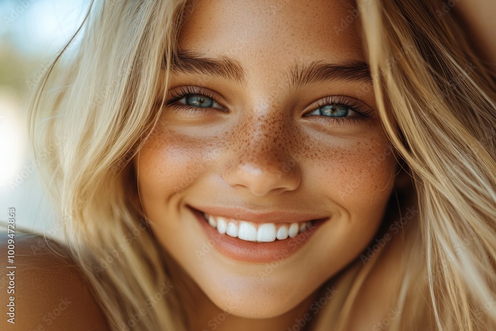 Close-up Portrait of a Young Woman with Blonde Hair and Freckles Smiling Close-up Portrait of a Young Woman with Blonde Hair and Freckles Smiling