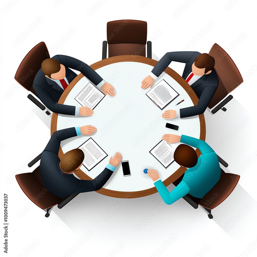 A top-down view of a business meeting with four professionals discussing documents around a round table. A top-down view of a business meeting with four professionals discussing documents around a round table.