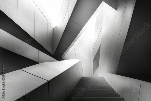 Monochromatic Architectural Staircase with Geometric Concrete Walls