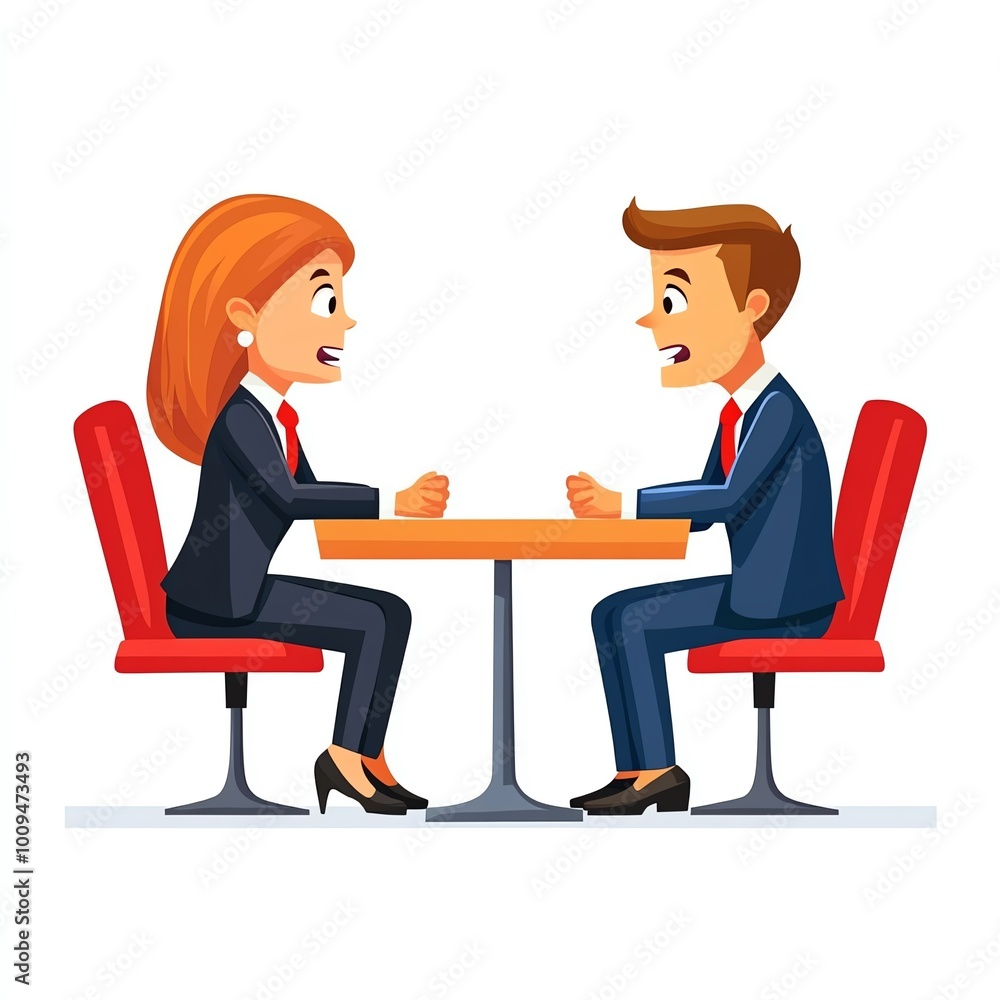 Two business professionals engage in a discussion at a table, focusing intently on each other, dressed in formal attire. Two business professionals engage in a discussion at a table, focusing intently on each other, dressed in formal attire.