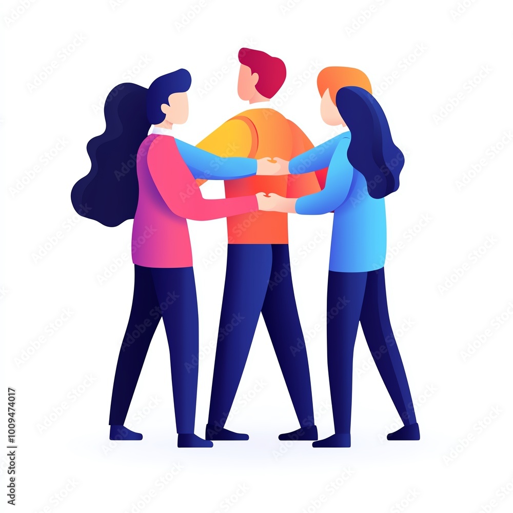A colorful illustration of three people standing together, embracing each other, symbolizing friendship and support. A colorful illustration of three people standing together, embracing each other, symbolizing friendship and support.