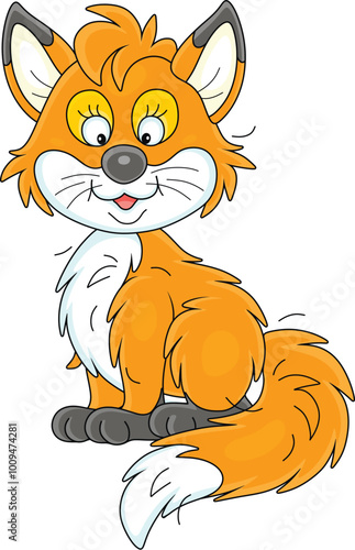Funny sly red fox with a fluffy tail, vector cartoon illustration isolated on a white background