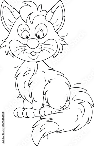 Funny sly red fox with a fluffy tail, black and white outline vector cartoon illustration for a coloring book