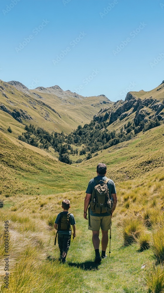 Fototapeta premium A man and a child hiking through a lush valley surrounded by mountains on a sunny day.